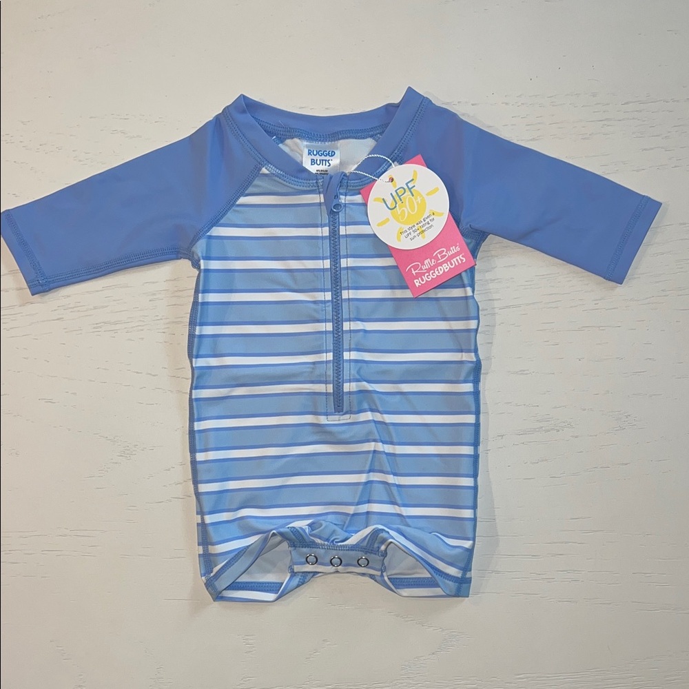 RuggedButts Rufflebutts Blue Striped Baby Boy Rashguard 0-3 12-18 months